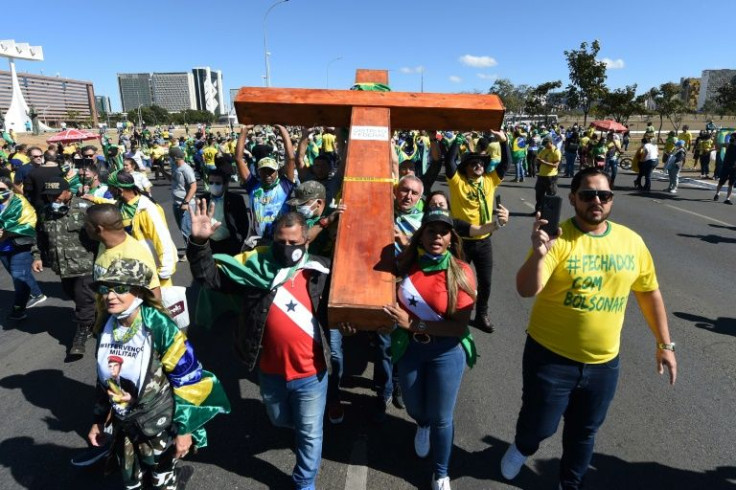 Evangelical groups in Brazil, like the one seen here demonstrating in support of President Jair Bolsonaro in July 2020, will play a key role in the upcoming 2022 presidential election