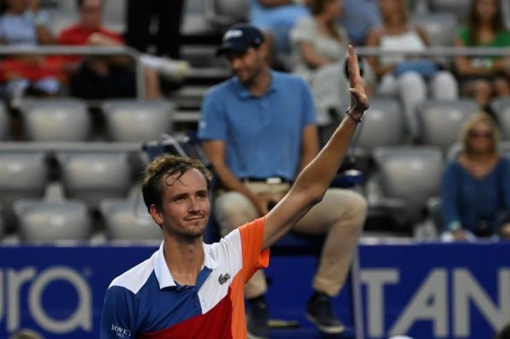 Russia's Daniil Medvedev celebrates after beating Japan's Yoshihito Nishioka in the quarter-finals of the ATP Mexico Open in Acapulco