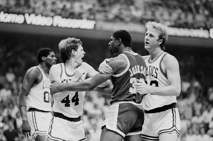 Larry Bird and Magic Johnson with Danny Ainge, Robert Parish