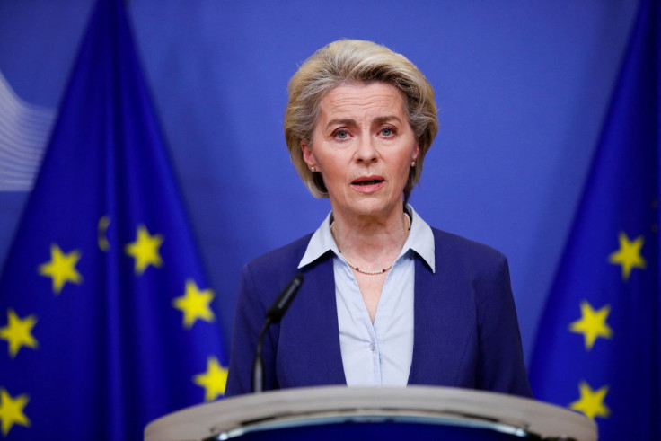 European Commission President Ursula von der Leyen delivers a statement following the conclusion of an EU Foreign Ministers' meeting on the crisis in Ukraine, in Brussels, Belgium February 22, 2022. 