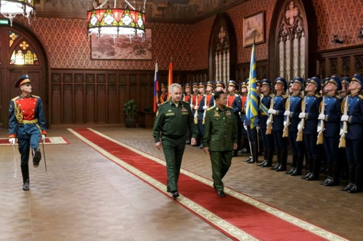Myanmar's junta leader Min Aung Hlaing (right) with Russian defence chief Sergei Shoigu (left) last year. Moscow is a major ally and arms supplier to Myanmar