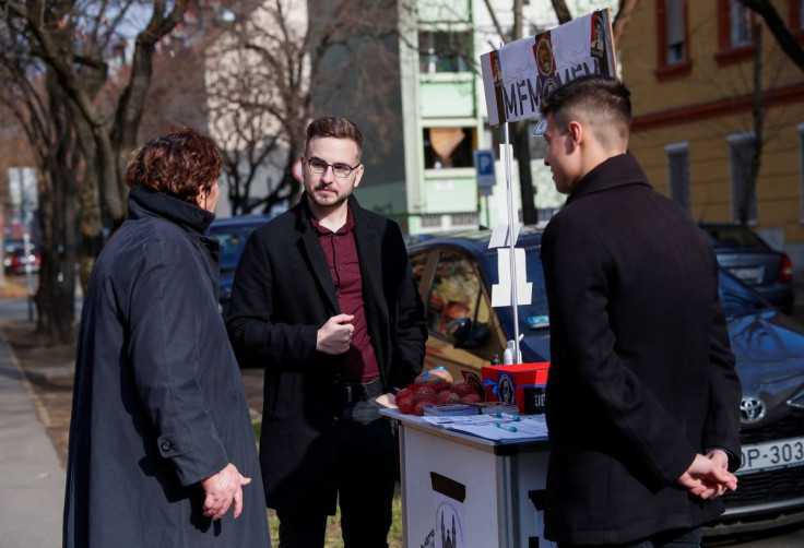 Activists campaign in support of opposition leader Peter Marki-Zay in Szeged, Hungary, February 16, 2022.