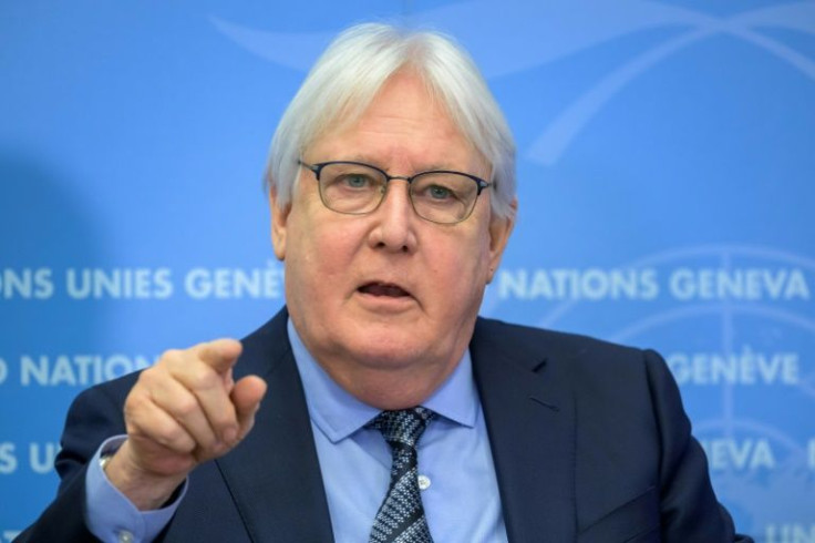 United Nations (UN) Under-Secretary-General for humanitarian affairs and emergency relief coordinator Martin Griffiths gestures during a press conference on the launch of the 2022 humanitarian response plans for Afghanistan and the region at the United Na