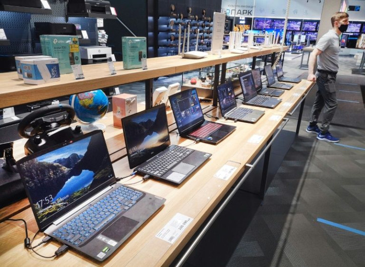 Computers for sale in Moscow, where residents seemed fatalistic about looming Western sanctions over Russia's invasion of Ukraine