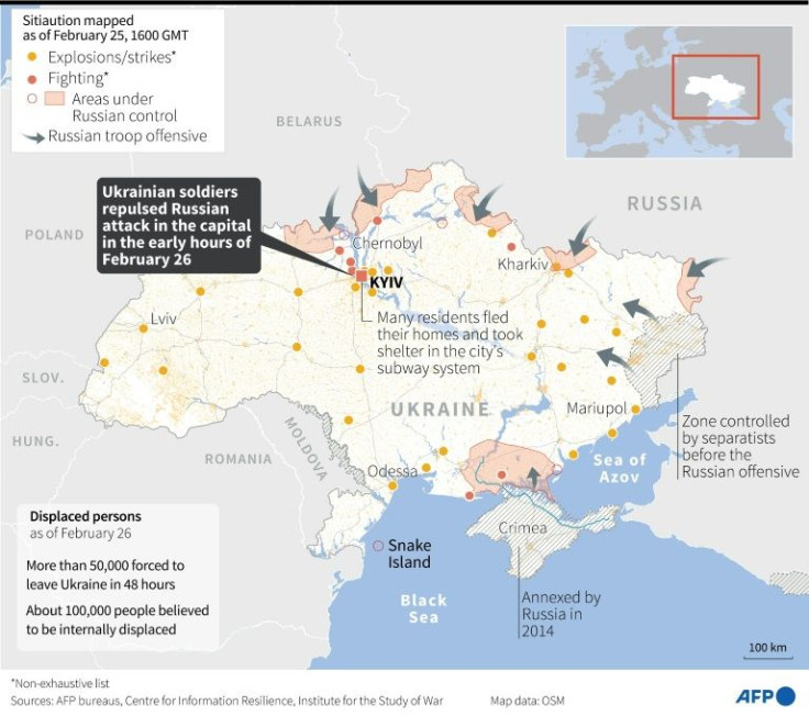 Map of Ukraine locating areas where explosions, strikes and fighting have been reported and under Russian control, with additional information as of Feb 26, 0630 GMT