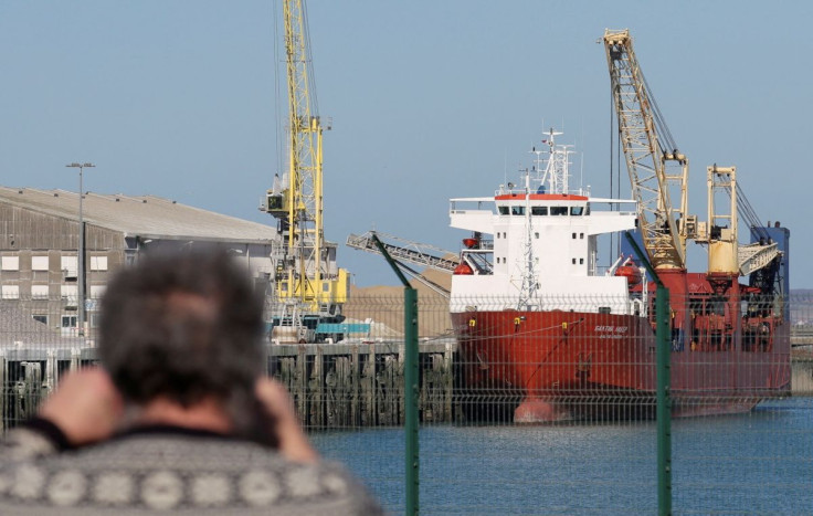 Russian cargo ship Baltic Leader is seen after it was diverted for allegedly violating EU-imposed sanctions on Moscow over the invasion of Ukraine, in the port of Boulogne-sur-Mer, France, February 26, 2022.