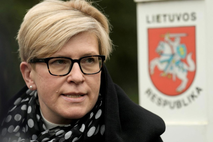 Lithuanian Prime Minister Ingrida Simonyte speaks to media at the border guard headquarters near the border with Belarus, in Kapciamiestis, Lithuania November 10, 2021. RUTERS/Ints Kalnins