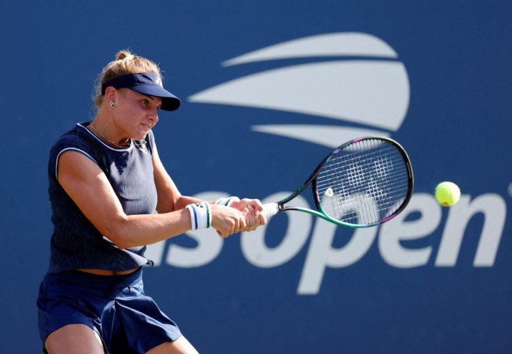 Aug 30, 2021; Flushing, NY, USA; Dayana Yastremska of Ukraine in action against Angelique Kerber of Germany in a first round match on day one of the 2021 U.S. Open tennis tournament at USTA Billie King National Tennis Center. Mandatory Credit: Jerry Lai-U