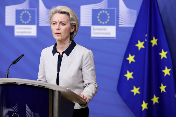 European Commission President Ursula von der Leyen speaks during a statement on Russia's attack on Ukraine, in Brussels, Belgium February 24, 2022 ahead of an EU special summit called today to "discuss the crisis and further restrictive measures" that "wi