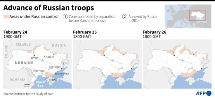 Maps of Ukraine comparing areas under Russian control as of February 24 to February 26 at 1800 GMT