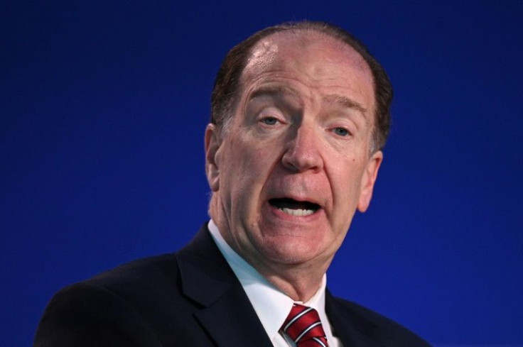 World Bank president David Malpass is seen speaking at a UN climate summit in Glasgow, Scotland on November 3, 2021