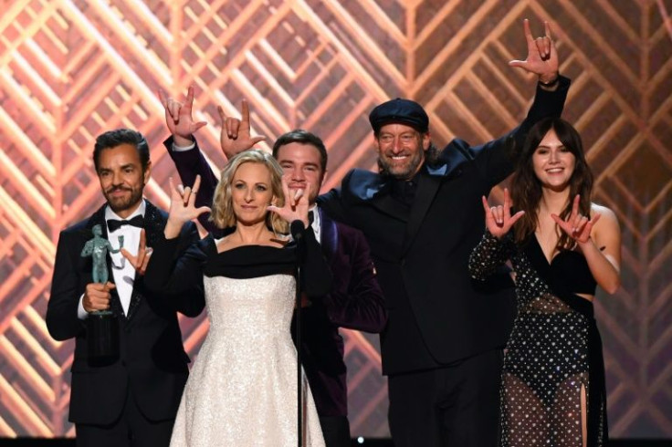 The cast of "CODA" -- (L-R) Eugenio Derbez, Marlee Matlin, Daniel Durant, Troy Kotsur and Emilia Jones -- won the SAG award for Outstanding Performance by a Cast in a Motion Picture