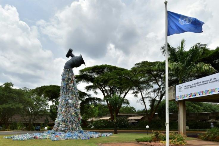 A 30-foot high monument entitled 'Turn off the plastics tap' by Canadian activist and artist Benjamin von Wong stands outside the venue for the UN Environment Assembly