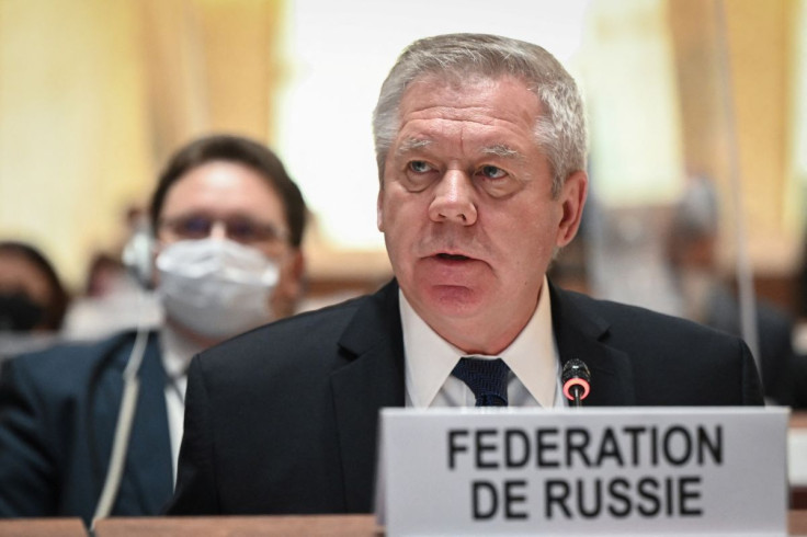 Russian ambassador Gennady Gatilov speaks at the opening of a session of the UN Human Rights Council, following the Russian invasion in Ukraine, in Geneva, Switzerland February 28, 2022. Fabrice Coffrini/Pool via REUTERS