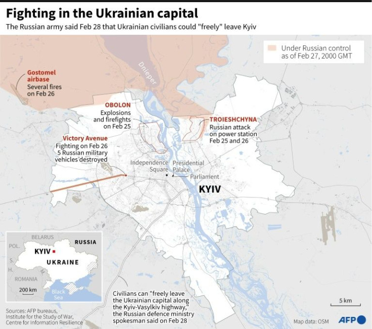 Map of Kyiv showing where Ukrainian and Russian forces are fighting, updated as of Feb 28 (with zones under Russian control as of Feb 27, 2000 GMT)