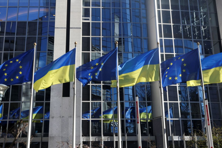 Flags of European Union and Ukraine flutter outside EU Parliament building, in Brussels, Belgium, February 28, 2022.  