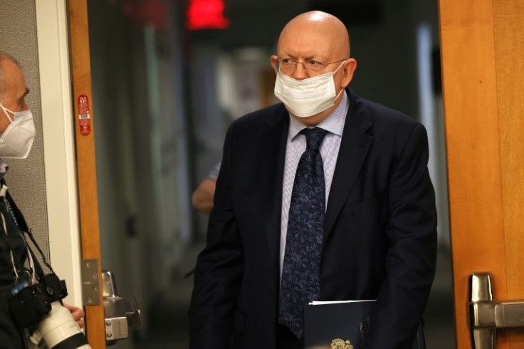 Ambassador Vasily Nebenzia, Russia's ambassador to the UN, arriving at a press conference at the United Nations headquarters on February 28, 2022 in New York