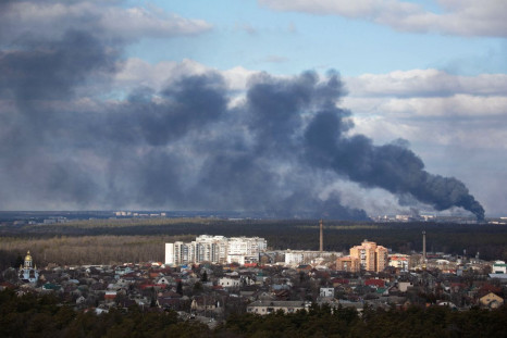 Smoke rising after shelling on the outskirts of the city is pictured from Kyiv, Ukraine February 27, 2022. 