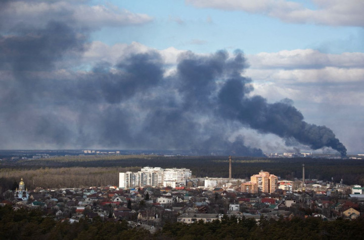 Smoke rising after shelling on the outskirts of the city is pictured from Kyiv, Ukraine February 27, 2022. 