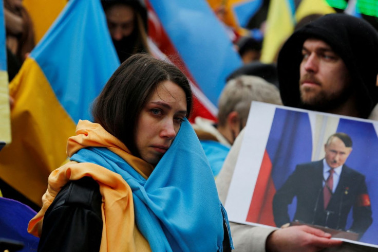 A woman reacts as she takes part in an anti-war protest, following Russia's invasion of Ukraine, in Istanbul, Turkey February 28, 2022.
