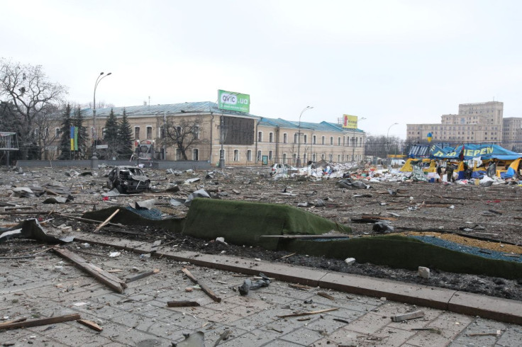 A view shows the area near the regional administration building, which city officials said was hit by a missile attack, in central Kharkiv, Ukraine, March 1, 2022. 