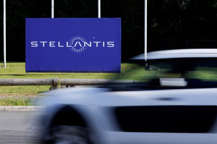 A view shows the logo of Stellantis at the entrance of the company's factory in Hordain, France, July 7, 2021.