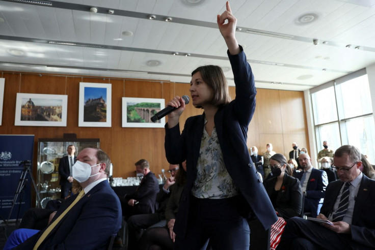 Daria Kaleniuk, activist from NGO Anticorruption Action Centre speaks at a news conference at the British Embassy in Warsaw, Poland, March 1, 2022.