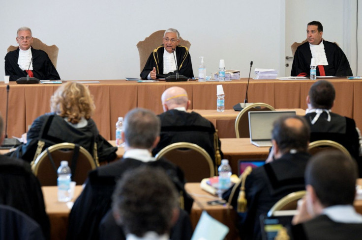 Trial begins at the Vatican for 10 people, including prominent Italian cardinal Angelo Becciu, who are charged with financial crimes including embezzlement, money laundering, fraud, extortion and abuse of office, at the Vatican, July 27, 2021. Vatican Med