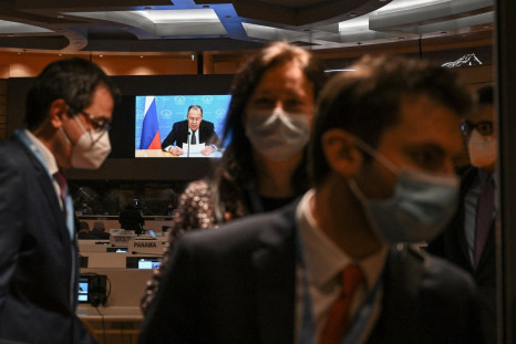 Ambassadors and diplomats walkout in protest against Russia's invasion of Ukraine, while Russia's foreign minister Sergei Lavrov addresses the Conference on Disarmament with a pre-recorded video message in Geneva, Switzerland, March 1, 2022. Fabrice COFFR