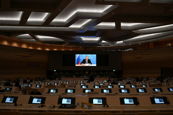 Russia's foreign minister Sergei Lavrov addresses the Conference on Disarmament with a pre-recorded video message in Geneva, Switzerland, March 1, 2022. Fabrice COFFRINI / Pool via REUTERS