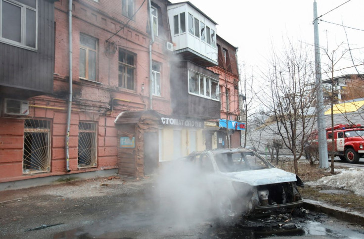 A view shows a burnt car in a street in Kharkiv, Ukraine, March 1, 2022. 