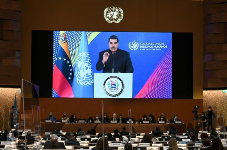 Venezuelan President Nicolas Maduro gives a remote speech at the opening of a session of the UN Human Rights Council on February 28, 2022 in Geneva: Maduro has expressed his support for Russian President Vladimir Putin after his invasion of Ukraine