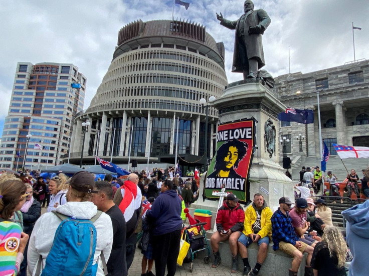 Protesters against the coronavirus disease (COVID-19) restrictions and vaccine mandates gather as they camp in front of the parliament in Wellington, New Zealand, February 14, 2022.