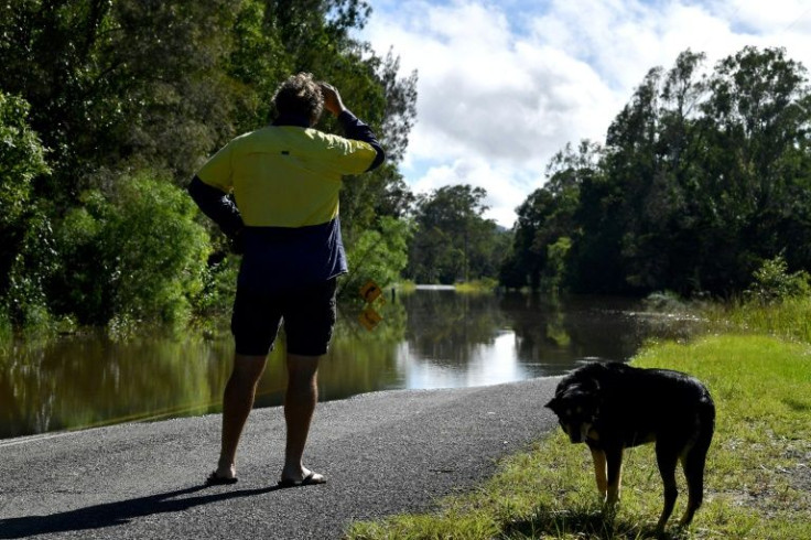 A local farmer watched the rising flood waters in the outskirts of Grafton, New South Wales, which this week saw buildings submerged almost to roof level