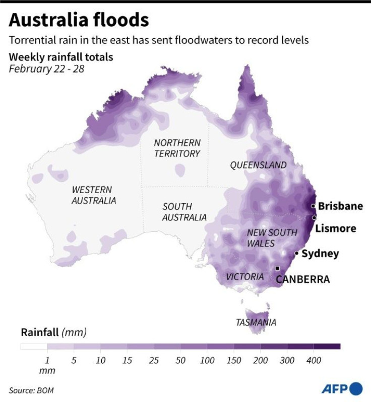 Map of eastern Australia, showing areas that had the most rainfall in the past week.
