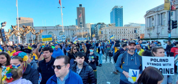 Supporters gather during a rally organized by Silicon Valley-based humanitarian aid group Nova Ukraine, as Russia's invasion in Ukraine continues, outside the city hall in San Francisco, California, U.S., February 27, 2022. Igor Markov/Nova Ukraine/Handou