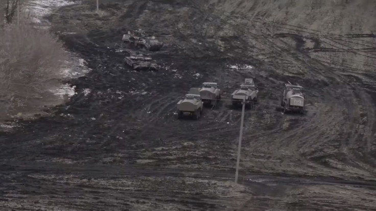 View from a Russian Army aviation helicopter as it escorts units of Russian Armed Forces in Ukraine, during their invasion, at in unspecified location in this screengrab obtained from social media, March 2, 2022. Russian Defence Ministry/Handout via REUTE