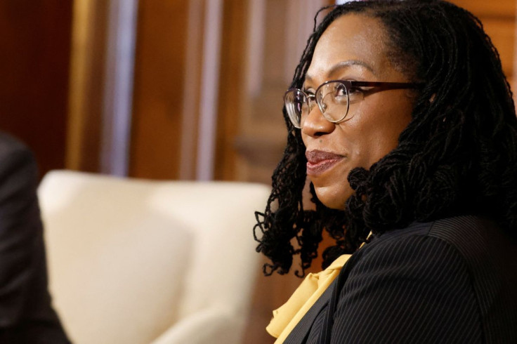 Supreme Court nominee and federal appeals court Judge Ketanji Brown Jackson is seated as she meets with U.S. Senate Majority Leader Chuck Schumer (D-NY) in the U.S. Capitol in Washington, U.S., March 2, 2022.  