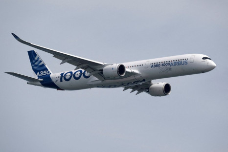 The Airbus A350-1000 seen in the aerial display during the media preview of the Singapore Airshow in Singapore,  February 13, 2022. 