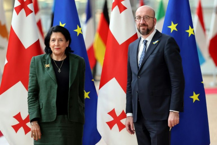 Georgian President Salome Zurabishvili met with European Council President Charles Michel in Brussels on March 1, 2022 -- the Black Sea nation's ruling party says Tbilisi will "immediately" apply for EU membership