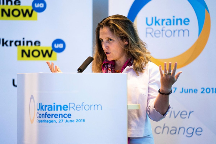 Canada's Foreign Minister Chrystia Freeland speaks during the international Ukraine Reform Conference in Copenhagen, Denmark, June 27, 2018. Martin Sylvest Ritzau Scanpix/via