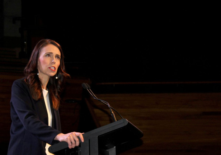 Prime Minister Jacinda Ardern addresses supporters at a Labour Party event in Wellington, New Zealand, October 11, 2020. 