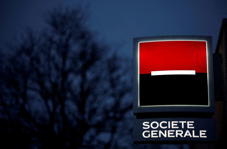 The logo of French bank Societe Generale is seen outside a bank office in Nantes, France, February 4, 2022.