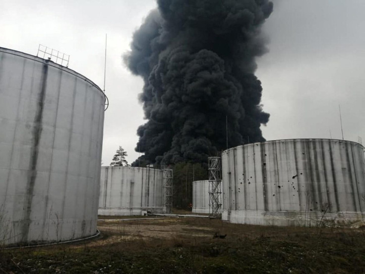 Smoke rises from the oil depot, which, according to local authorities, was damaged by shelling in Chernihiv, Ukraine, in this handout picture released March 3, 2022. Press service of the Ukrainian State Emergency Service/Handout via REUTERS 