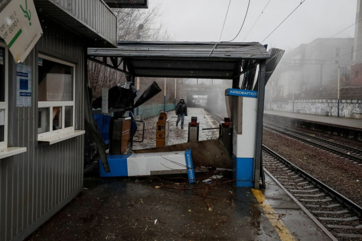 A man is seen near a Ukraine's railway administration building damaged by recent shelling near a central train station in Kyiv, Ukraine March 3, 2022. 