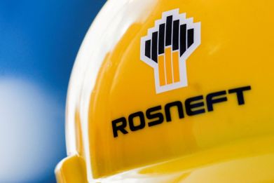 The Rosneft logo is pictured on a safety helmet in Vung Tau, Vietnam April 27, 2018. 