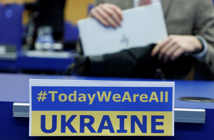 A sign is seen before an International Atomic Energy Agency (IAEA) board of governors emergency meeting on Ukraine in Vienna, Austria, March 2, 2022.