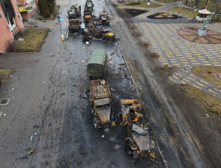 Destroyed Russian military vehicles are seen on a street in the settlement of Borodyanka, in the Kyiv region, Ukraine March 3, 2022.    