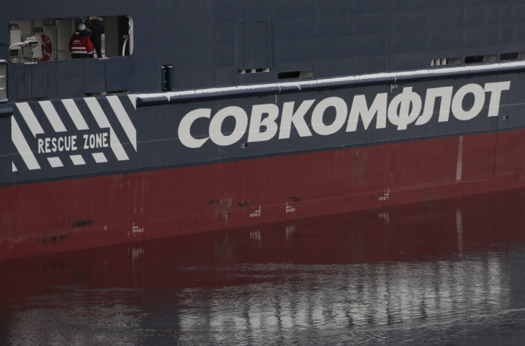 The logo of Russian state shipping company Sovcomflot is seen on the multifunctional icebreaking standby vessel "Yevgeny Primakov" moored in central St. Petersburg, Russia February 3, 2018. 
