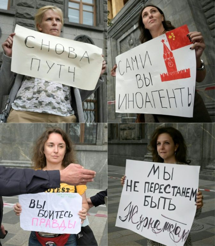 This combination of pictures shows Russian activists protesting government restrictions on freedom of speech